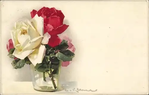 Künstler Ak Catharina Klein, Rote und weiße Rosen in Vase, Meissner & Buch 2232