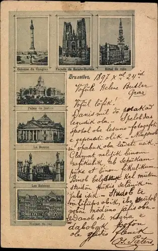 Ak Bruxelles Brüssel, La Bourse, Palais de Justice, Les Sablons, Colonne du Congres, Hotel de Ville