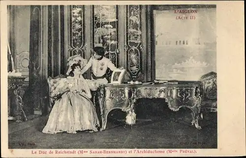 Ak Schauspielerin Sarah Bernhardt, Preval, Theaterszene, l'Aiglon, Acte II, Duc de Reichstadt