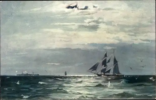 Künstler Ak Segelschiff auf dem Meer, Dampfer am Horizont