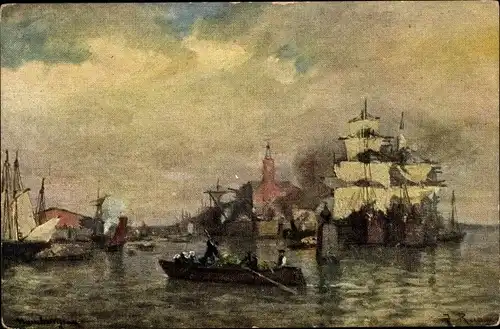 Künstler Ak Fischerboote und Segelschiffe vor einer Ortschaft