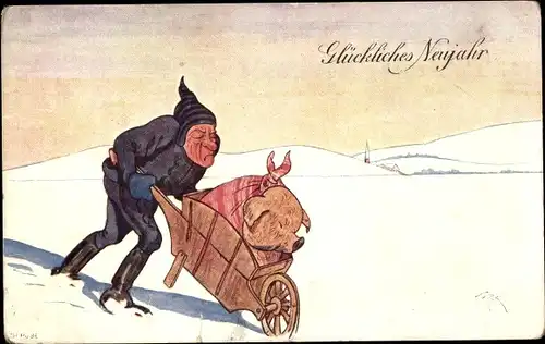Ak Glückwunsch Neujahr, Schwein, Mann mit Schubkarren
