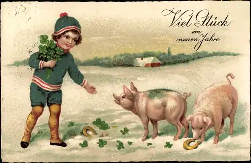 Ak Glückwunsch Neujahr, Schweine, Kind, Glücksklee, Hufeisen