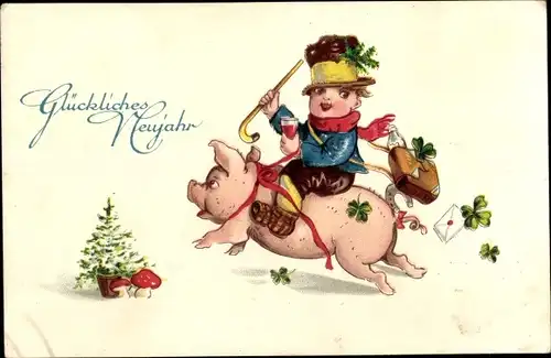 Ak Glückwunsch Neujahr, Junge auf einem Schwein, Kleeblätter, Fliegenpilze