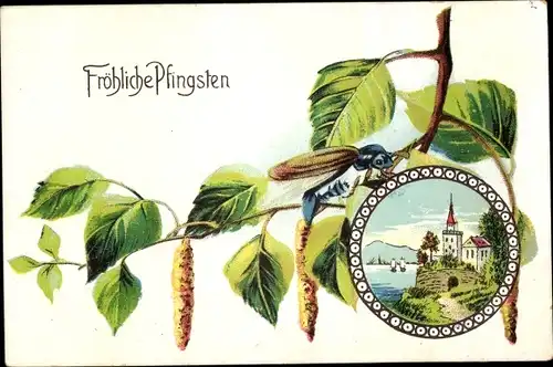 Ak Glückwunsch Pfingsten, Maikäfer, Landschaft