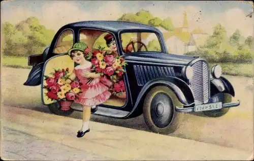 Ak Automobil, Mädchen mit Blumensträußen