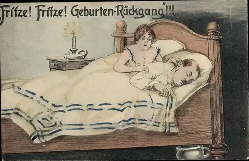 Ak Fritze, Geburten Rückgang, Ehepaar im Bett, Nachttopf