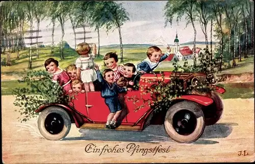 Künstler Ak Glückwunsch Pfingsten, Kinder im Automobil