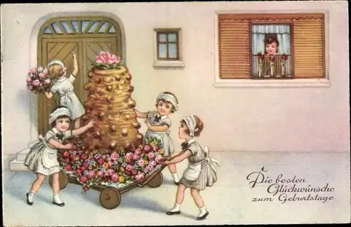 Ak Glückwunsch Geburtstag, Konditorinnen mit Kuchen und Blumen
