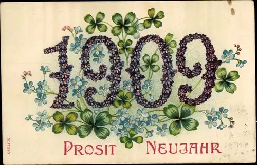 Präge Ak Glückwunsch Neujahr, Jahreszahl 1909, Kleeblätter, Vergissmeinnicht