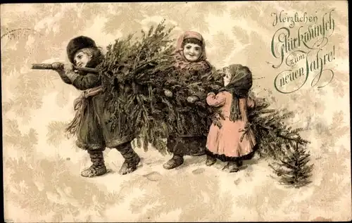 Litho Glückwunsch Neujahr, Drei Kinder mit Tannenbaum