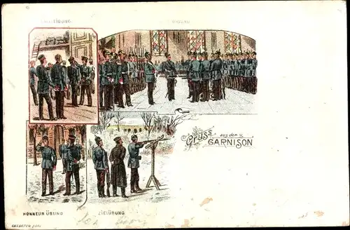 Litho Gruß aus der Garnison, deutsche Soldaten in Uniformen, Übung