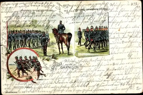 Litho Gruß aus der Garnison, deutsche Soldaten in Uniformen, Übung