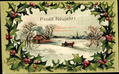 Präge Litho Glückwunsch Neujahr, Stechpalmenzweige, Schlittengespann, Winterlandschaft