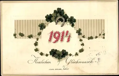 Ak Glückwunsch Neujahr, Jahreszahl 1914, Kleeblätter, Hufeisen
