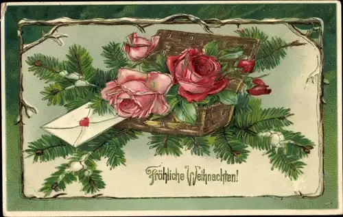 Präge Litho Glückwunsch Weihnachten, Rosen, Tannenzweige, Brief