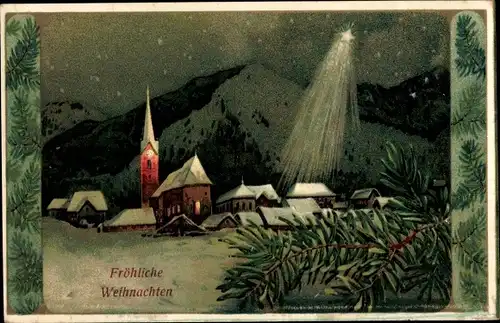 Präge Ak Glückwunsch Weihnachten, Winterlandschaft bei Nacht, Kirche, Stern, Tannenzweige