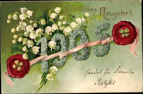 Präge Litho Glückwunsch Neujahr, Jahreszahl 1905, Kleeblätter, Vergissmeinnicht