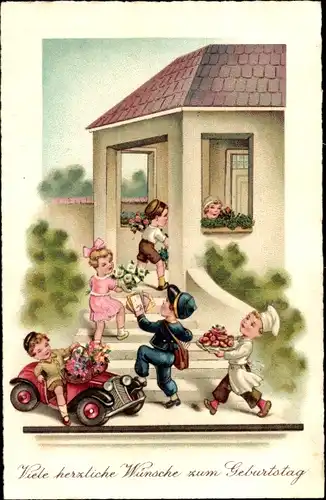 Ak Glückwunsch Geburtstag, Gratulanten mit Kuchen und Blumen, Auto, Postbote