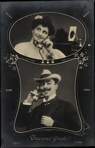 Ak Tausend Grüße, Mann und Frau am Telefon