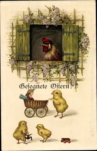 Ak Glückwunsch Ostern, Vermenschlichte Küken mit Puppenwagen, Huhn