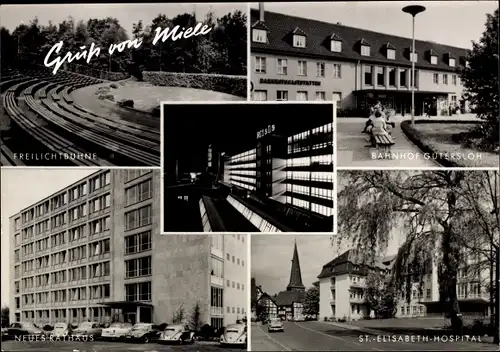Ak Gütersloh, Miele, Bahnhof, Freilichtbühne, Neues Rathaus, St. Elisabeth Hospital