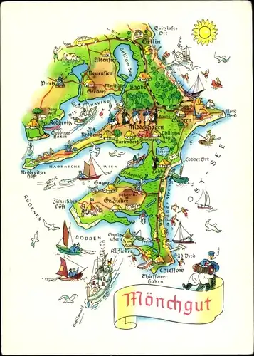 Landkarten Ak Mönchgut Insel Rügen, Bodden, Sellin, Preetz, Wiek
