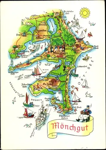 Landkarten Ak Mönchgut Insel Rügen, Bodden, Sellin, Preetz, Wiek