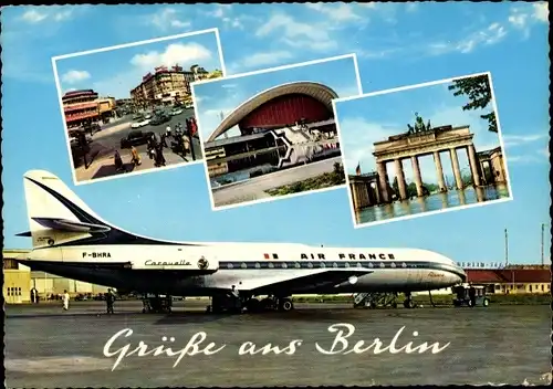 Ak Berlin Reinickendorf Tegel, Flughafen, Brandenburger Tor, Air France, Caravelle, F-BHRA, TXL