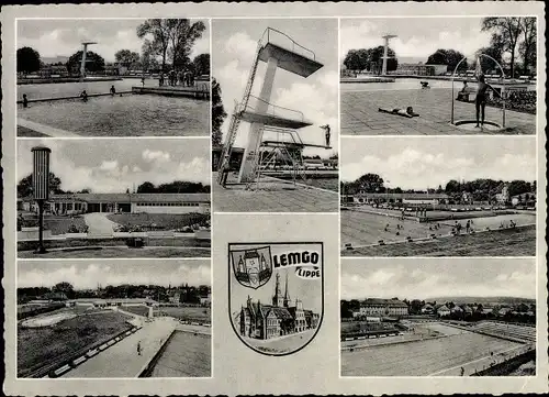 Ak Lemgo in Lippe, Wappen, Freibad, Sprungturm, Dt. Schwimm- und Springmeisterschaften 1955