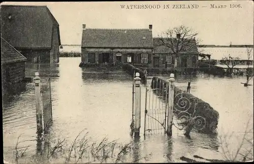 Ak Zeeland Niederlande, Watersnood 1906, überschwemmte Häuser