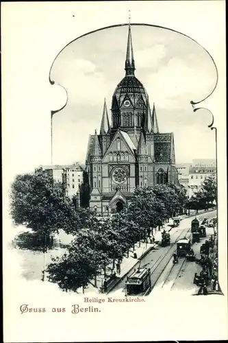 Ak Berlin Kreuzberg, Heilig Kreuz Kirche, Straßenbahn