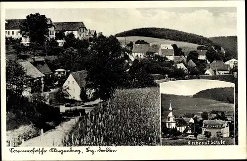 Ak Klingenberg im Erzgebirge Sachsen, Gesamtansicht des Ortes, Kirche mit Schule