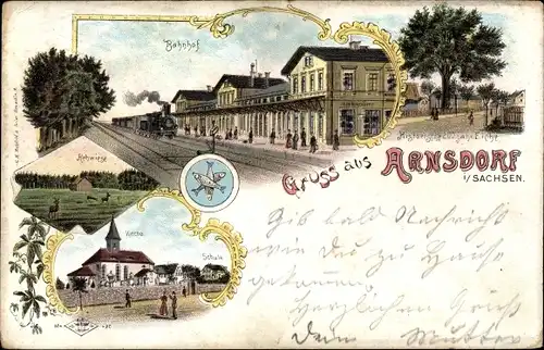 Litho Arnsdorf in Sachsen, Bahnhof, Gleisseite, Eiche, Kirche, Rehwiese, Schule