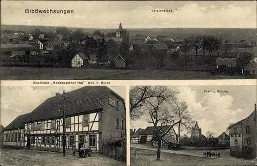 Ak Großwechsungen Werther in Thüringen, Plan und Kirche, Gasthaus Hohensteiner Hof, Totale