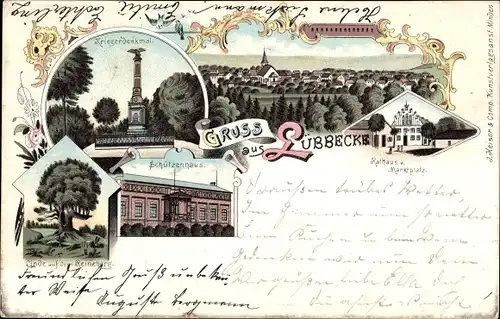 Litho Lübbecke in Westfalen, Kriegerdenkmal, Schützenhaus, Linde, Rathaus, Marktplatz