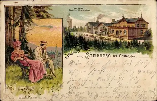 Litho Goslar in Niedersachsen, Steinberg, Paar genießt den Ausblick