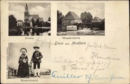 Ak Nordhorn in der Grafschaft Bentheim, Kirche, Wassermühle, Bauerntracht