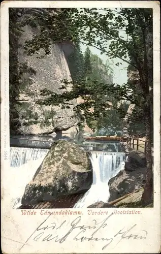 Ak Hřensko Herrnskretschen Elbe Region Aussig, Wilde Edmundsklamm, Vordere Bootstation