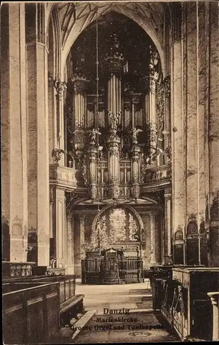 Ak Gdańsk Danzig, Blick in das Innere der Marienkirche, Orgel, Taufkapelle