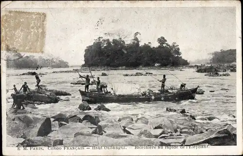 Ak Französisch Kongo, Haut Oubangui, Baleinière au rapide de l'Éléphant