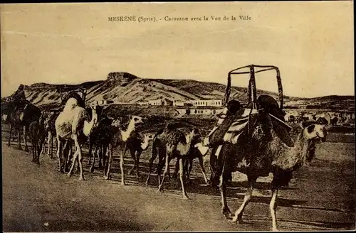 Ak Meskéné Syrien, vue d'une Caravane avec la Vue de la Ville, Chameaux