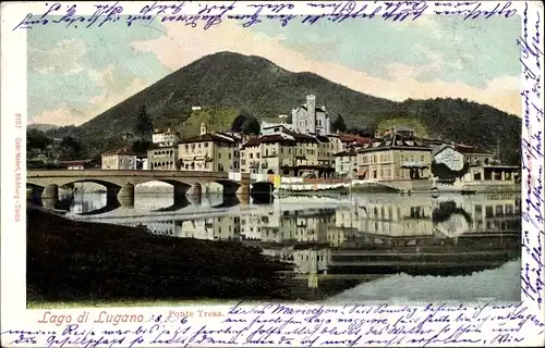 Ak Ponte Tresa Kt. Tessin Schweiz, Lago di Lugano, Brücke, Gebäude der Stadt, Wäscheleinen