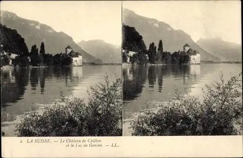 Stereo Ak Genève Genf Schweiz, Le Chateau de Chillon, Lac Geneve