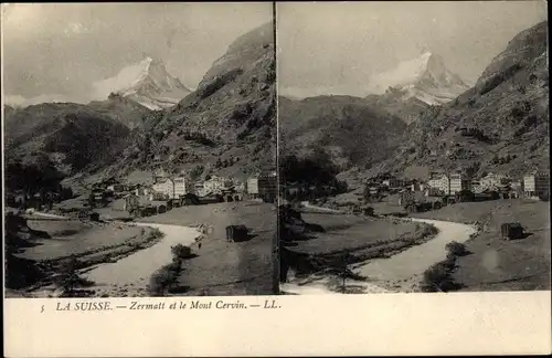 Stereo Ak Zermatt Kanton Wallis Schweiz, Ort mit Mont Cervin