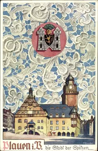 Künstler Wappen Ak Winslöw, E., Plauen im Vogtland, Rathaus, Burg, Spitze