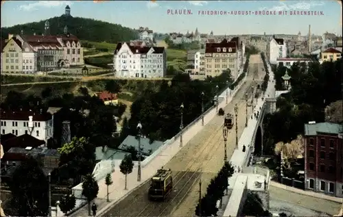 Ak Plauen im Vogtland, Friedrich-August-Brücke mit Bärenstein, Straßenbahn, Häuser