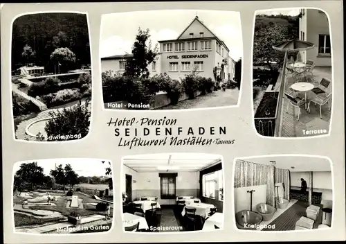 Ak Nastätten im Taunus, Hotel Pension Seidenfaden, Schwimmbad, Terrasse, Kneippbad, Minigolf