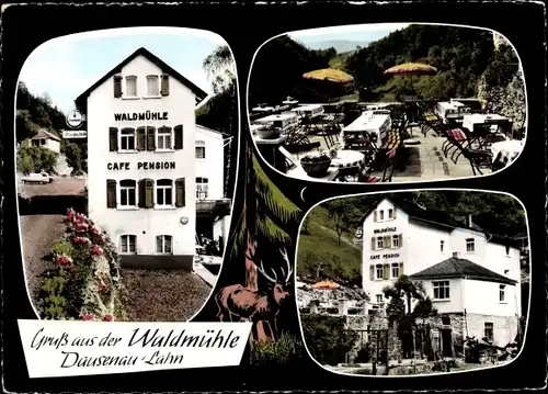 Ak Dausenau an der Lahn, Restaurant und Pension Waldmühle, Außenansicht, Außengastronomie