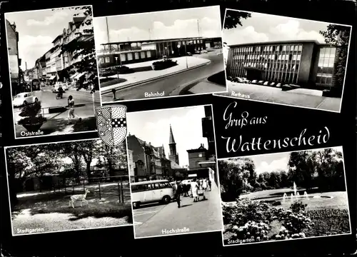 Ak Wattenscheid Bochum Ruhrgebiet, Bahnhof, Oststraße, Stadtgarten, Springbrunnen, Wappen